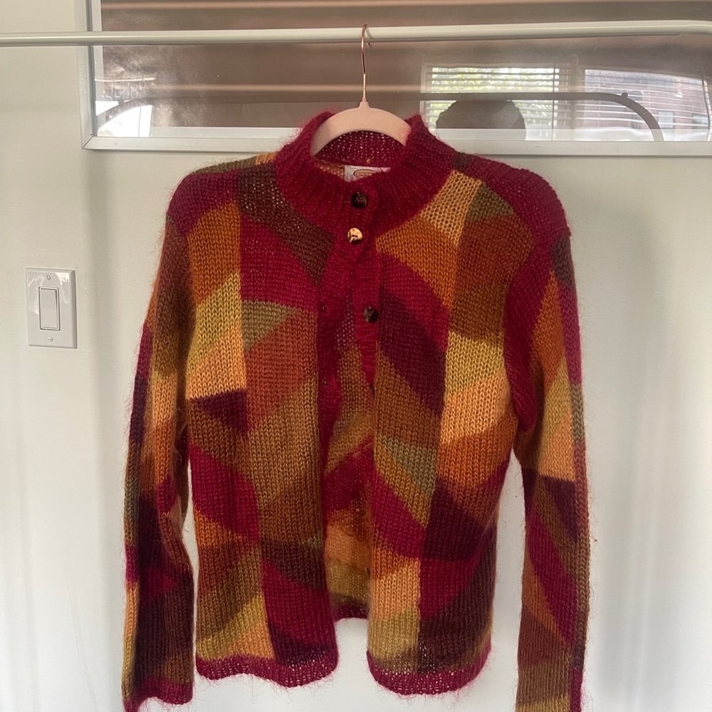Geometric Knit Cardigan in Burgundy, Mustard & Olive